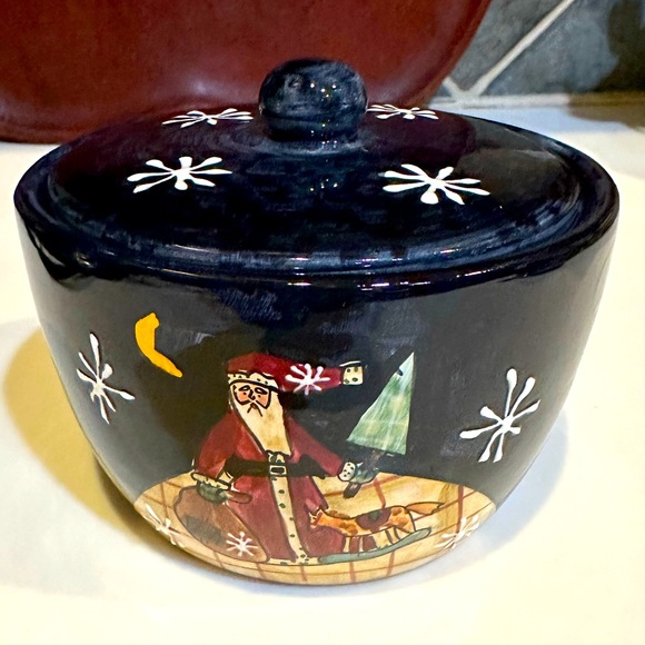 NEW VTG RARE CIC CERAMIC SANTA CLAUS APOTHECARY TRINKET DISH JAR BLACK RED CERT - Picture 4 of 6